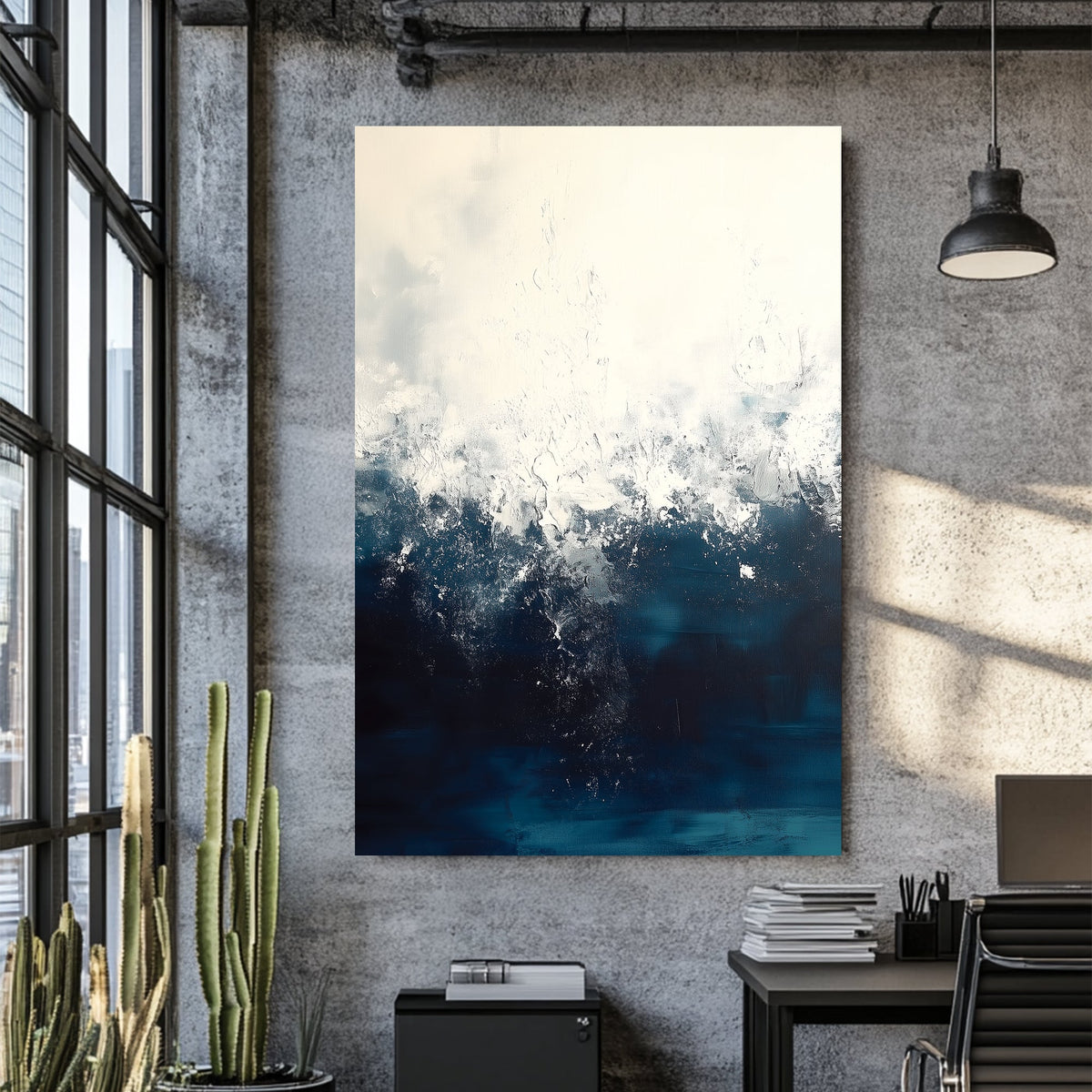 Abstract ocean painting with textured white and deep blue waves