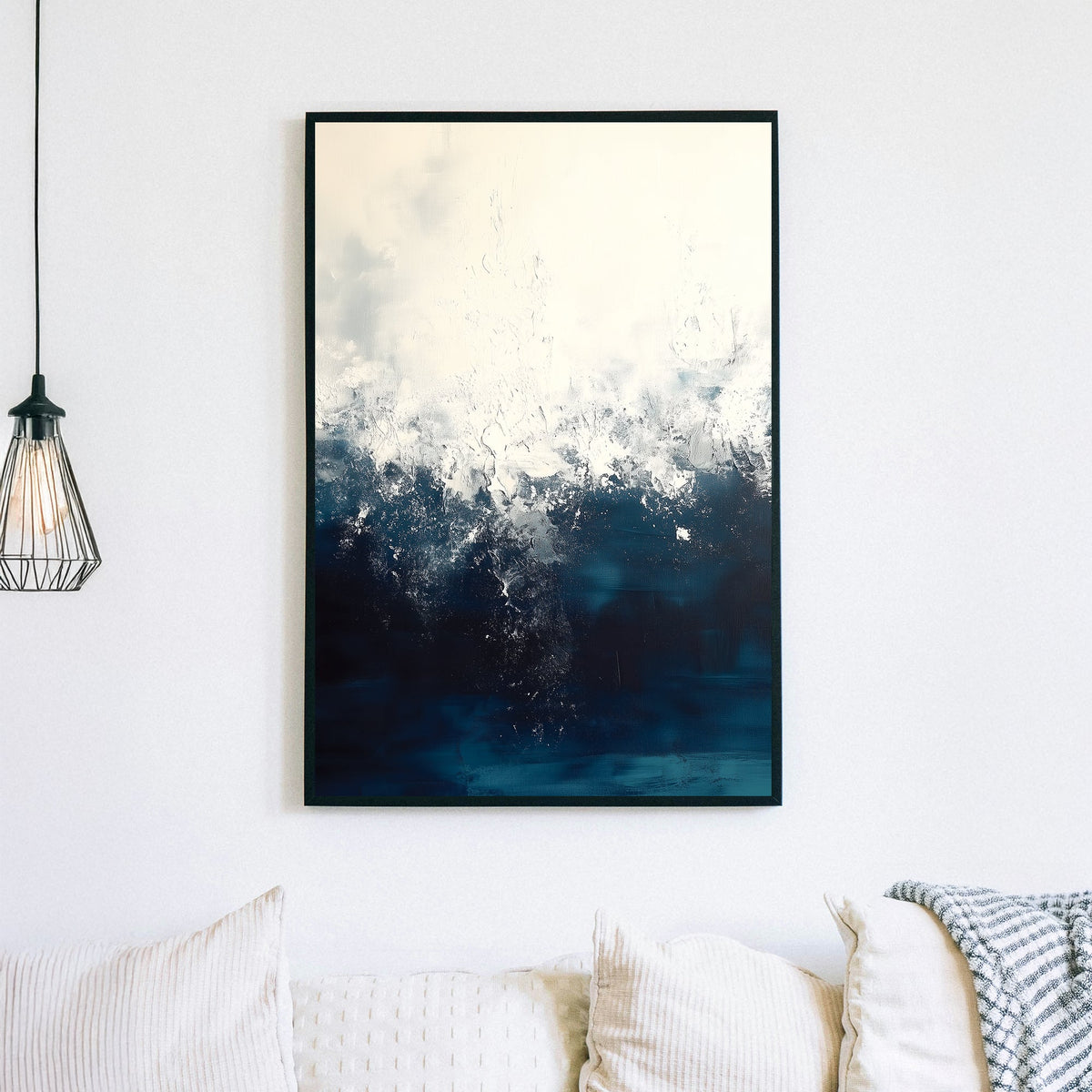 Abstract ocean painting with textured white and deep blue waves