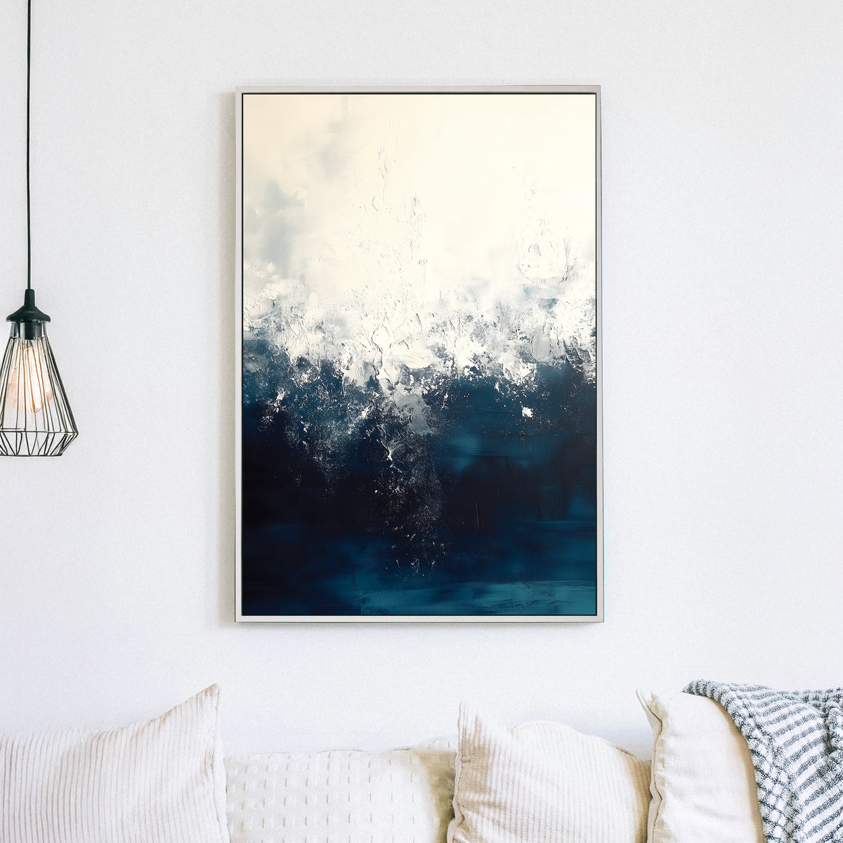 Abstract ocean painting with textured white and deep blue waves