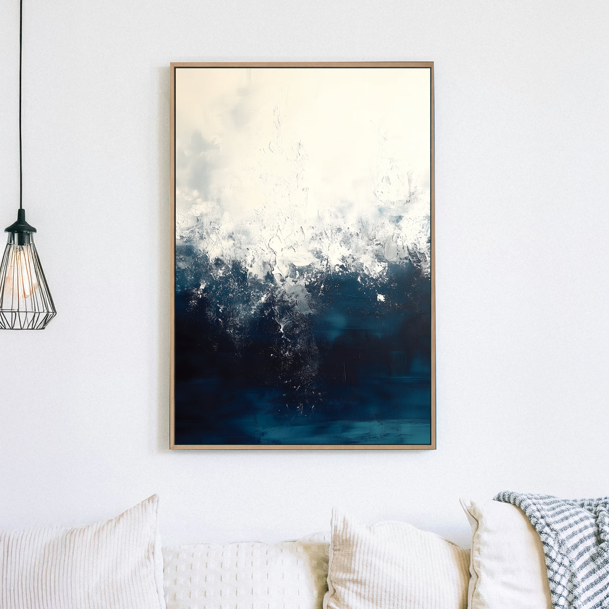 Abstract ocean painting with textured white and deep blue waves