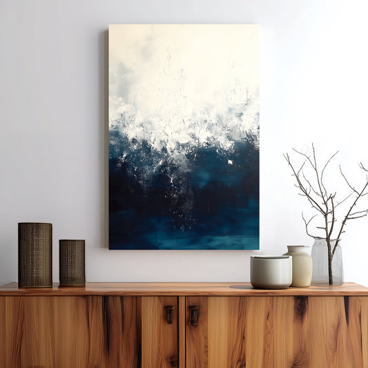Abstract ocean painting with textured white and deep blue waves