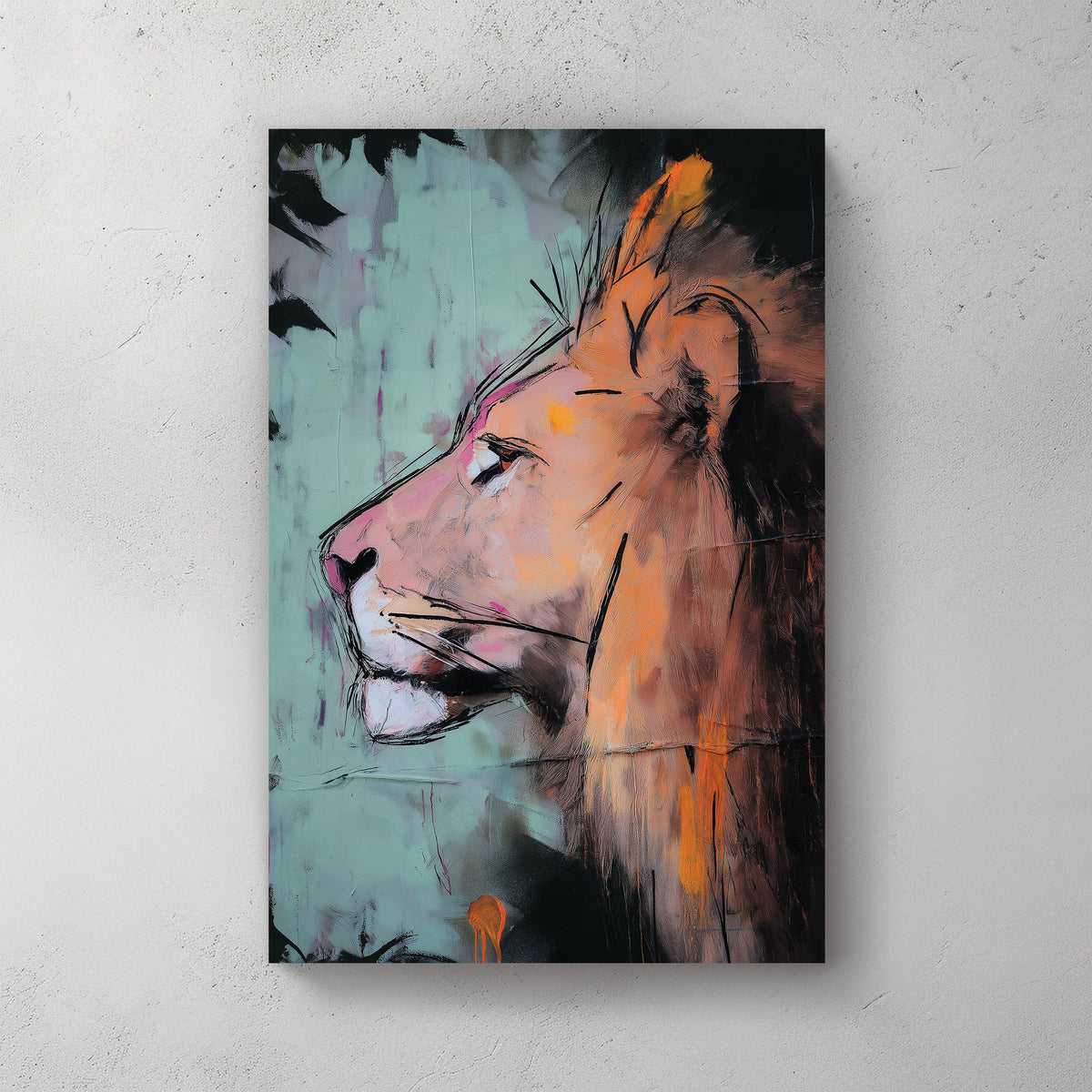 Expressive lion wall art in orange and teal tones