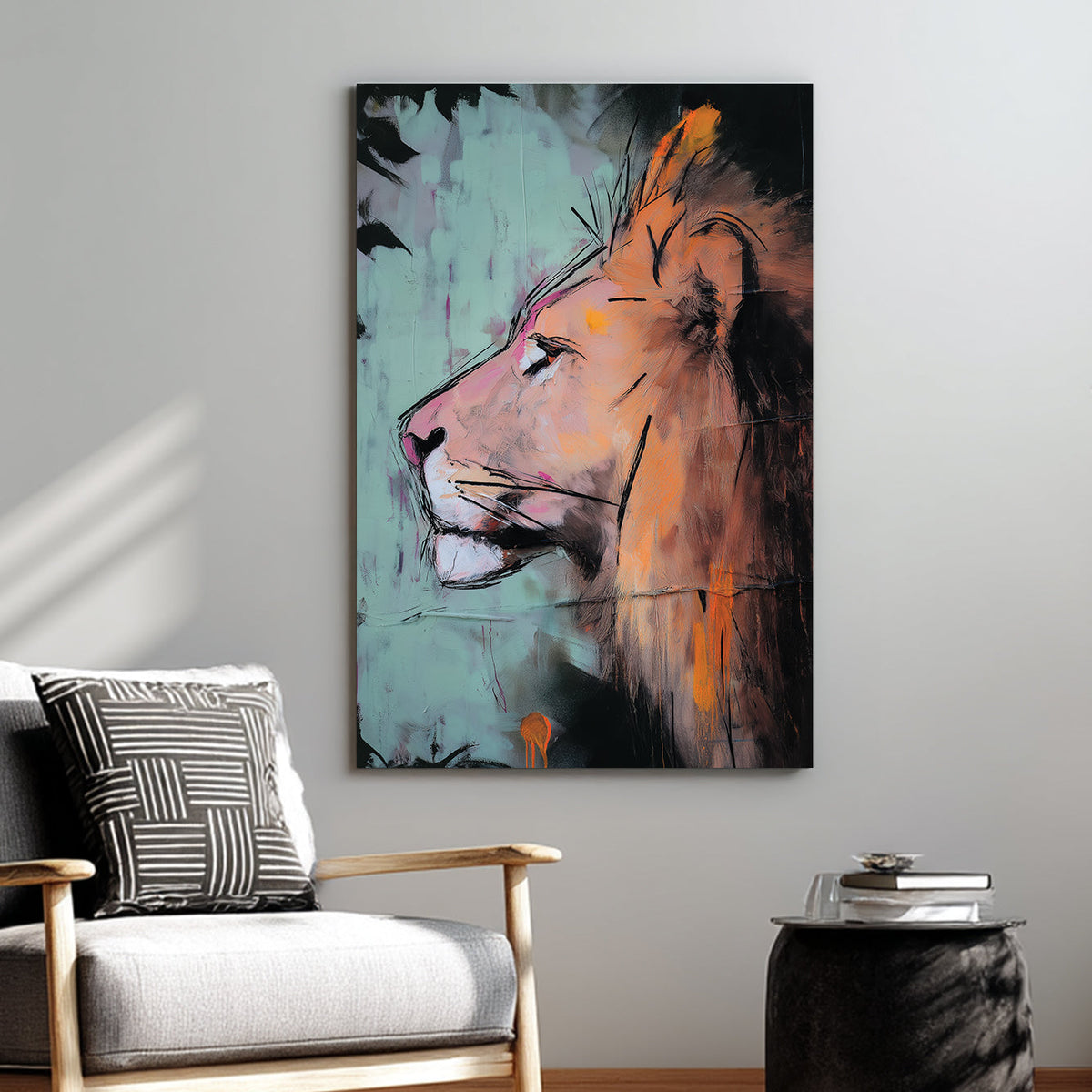 Expressive lion wall art in orange and teal tones