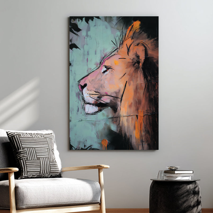 Expressive lion wall art in orange and teal tones
