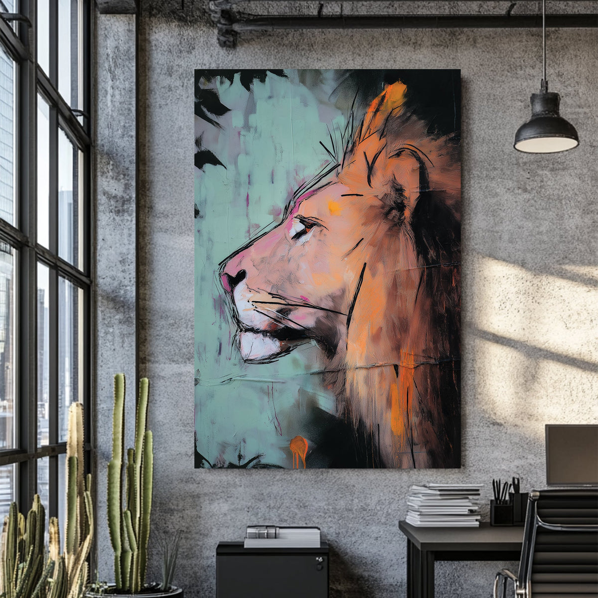 Expressive lion wall art in orange and teal tones