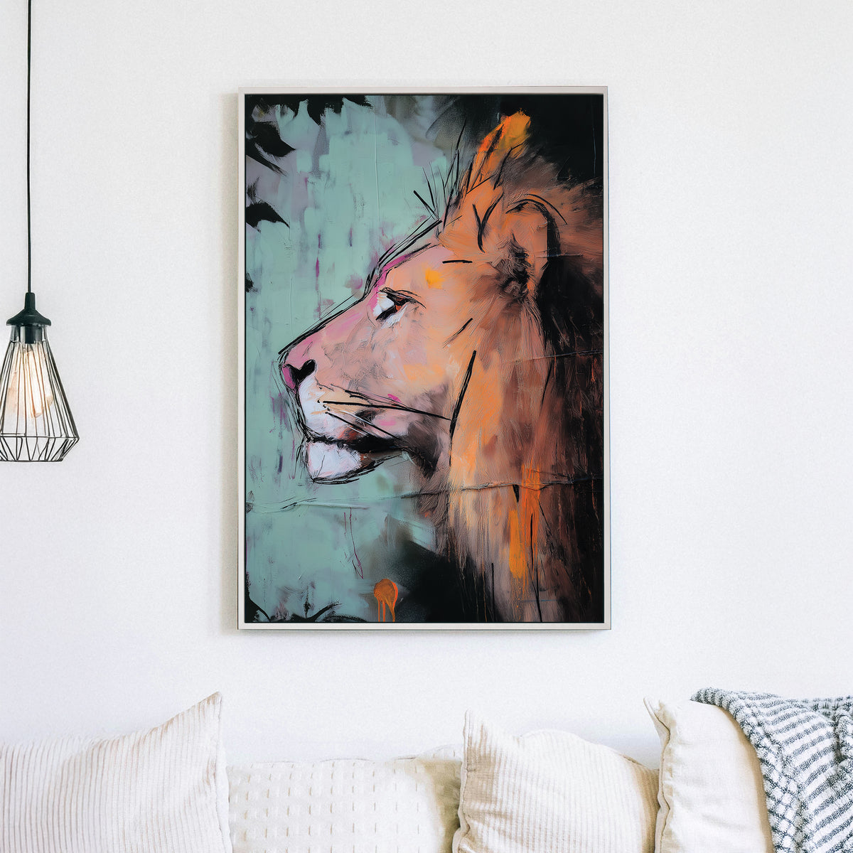 Expressive lion wall art in orange and teal tones