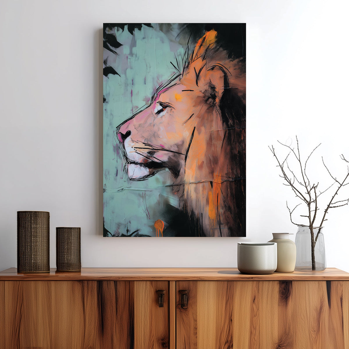 Expressive lion wall art in orange and teal tones
