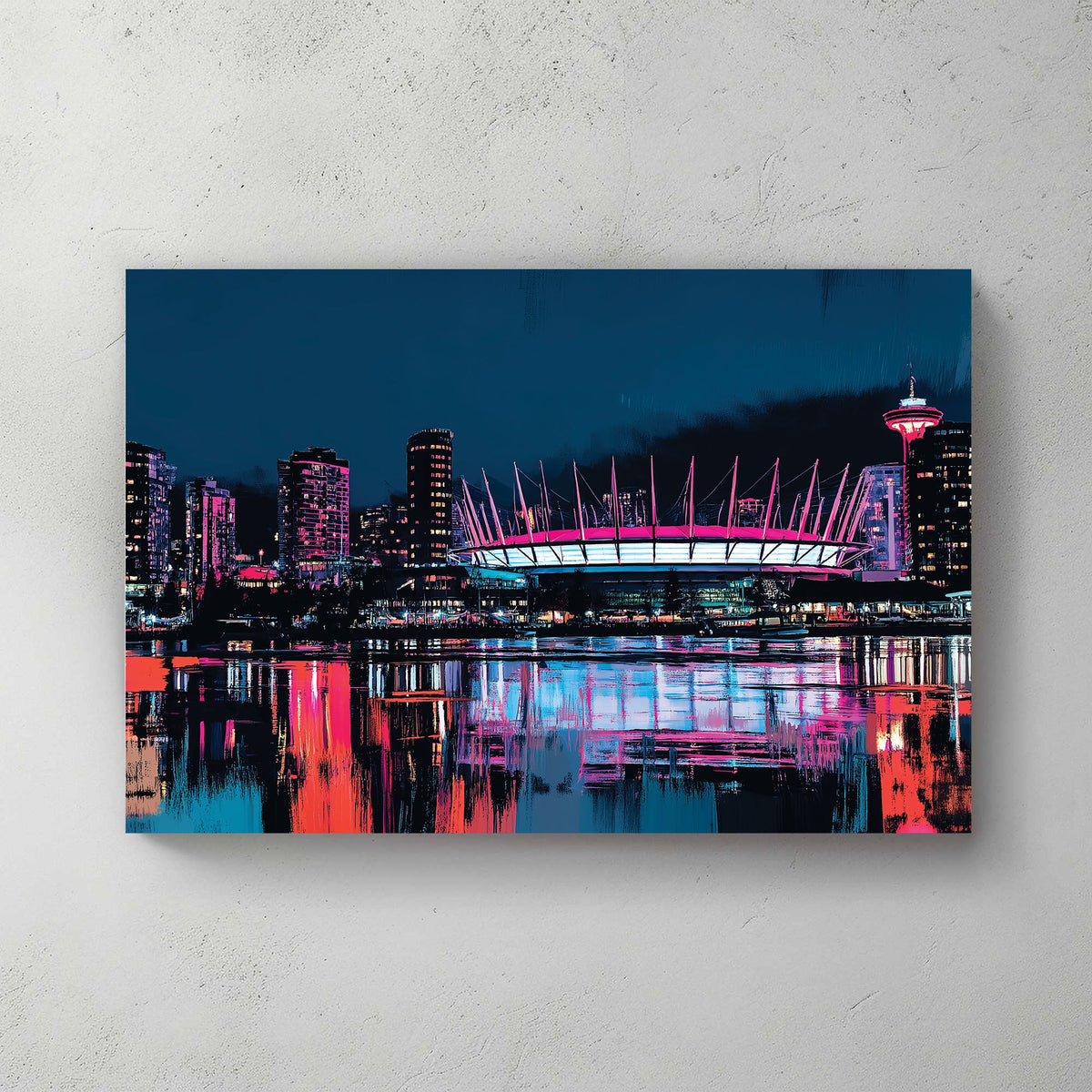 Neon Vancouver skyline wall art with reflections and BC Place