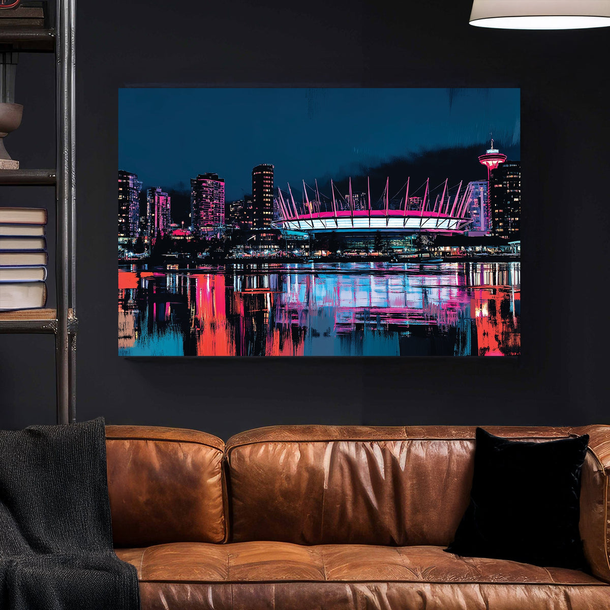 Neon Vancouver skyline wall art with reflections and BC Place