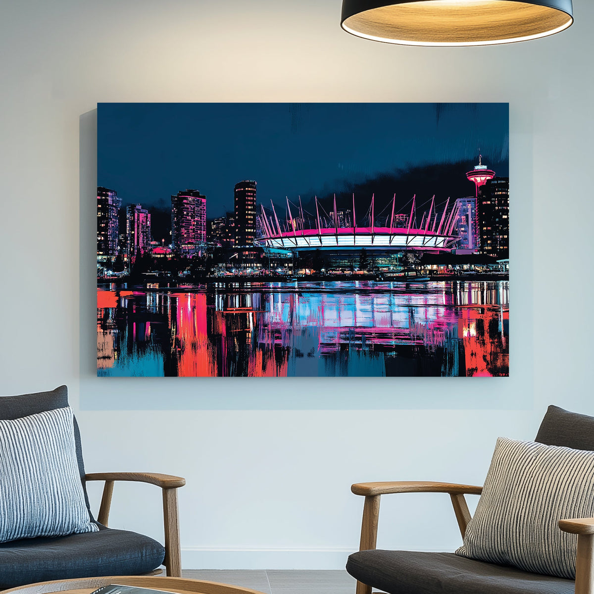 Neon Vancouver skyline wall art with reflections and BC Place