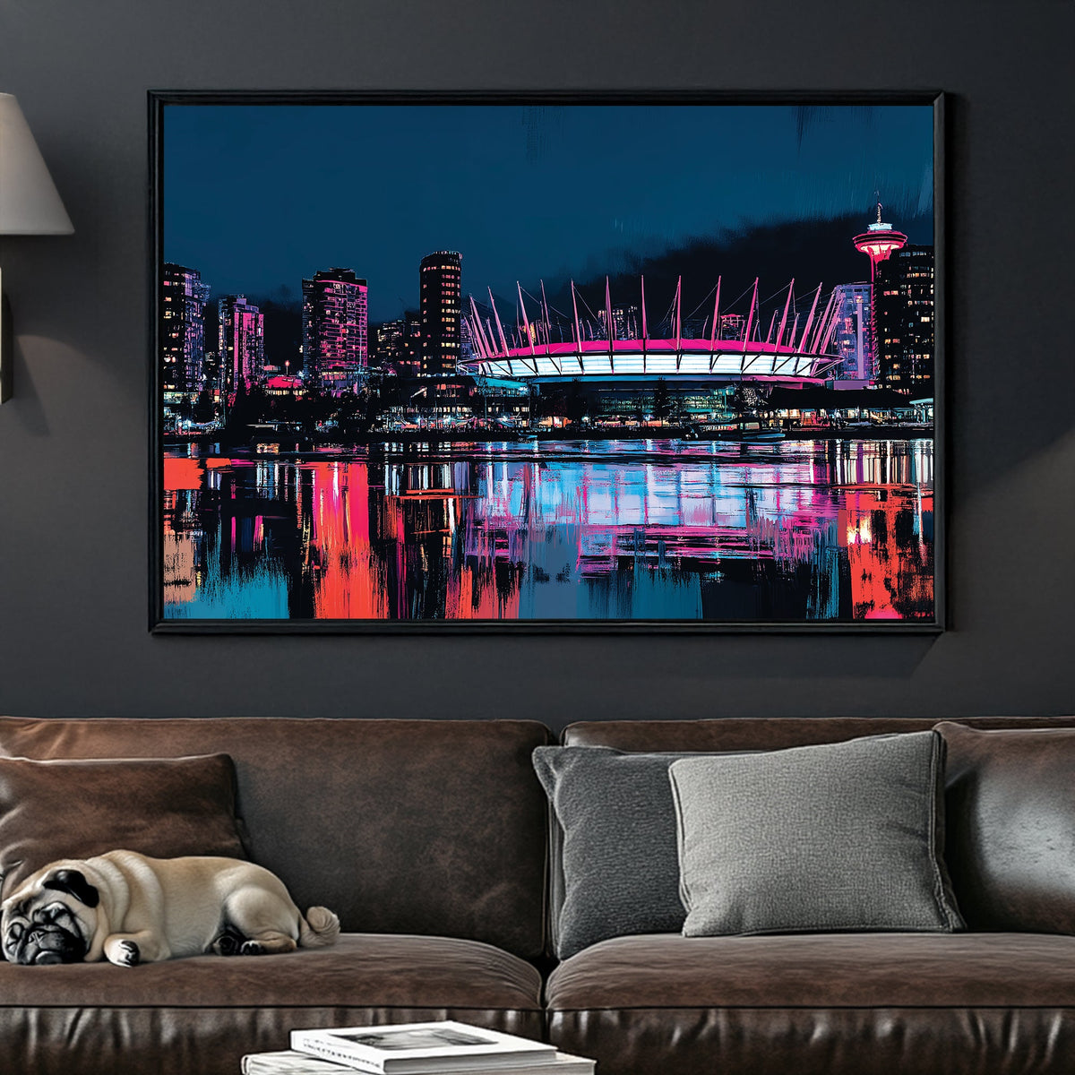 Neon Vancouver skyline wall art with reflections and BC Place
