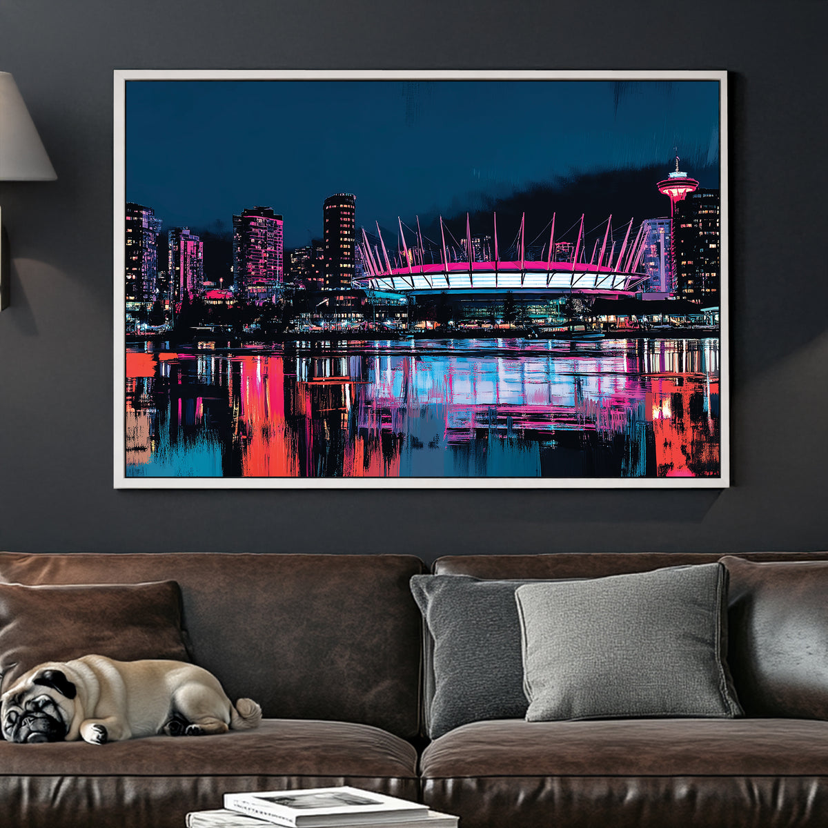 Neon Vancouver skyline wall art with reflections and BC Place