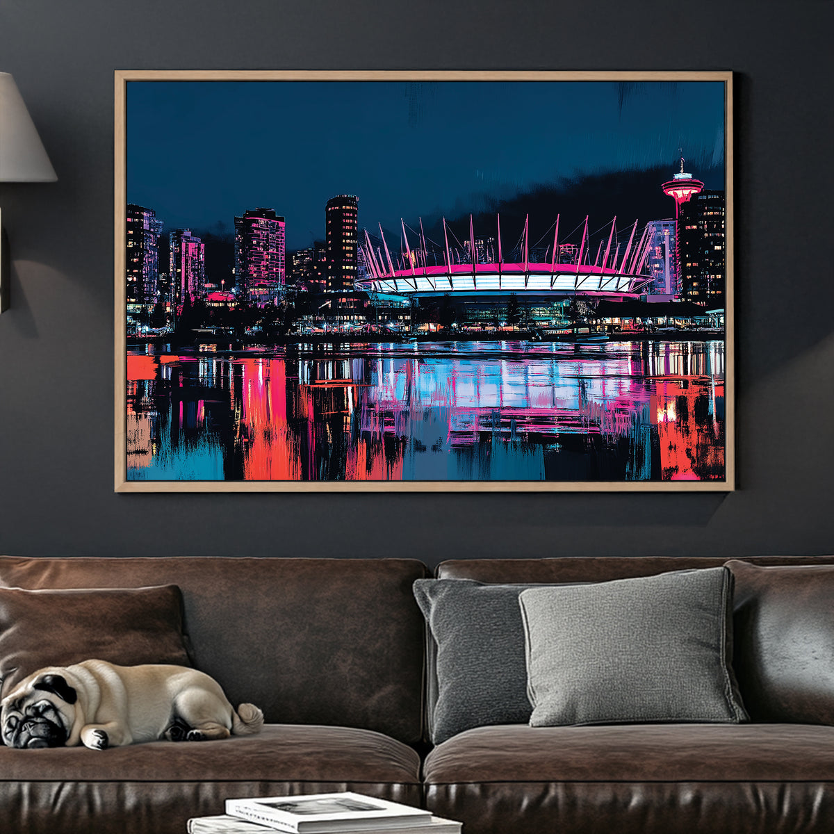 Neon Vancouver skyline wall art with reflections and BC Place