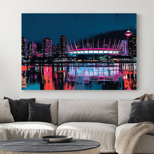 Neon Vancouver skyline wall art with reflections and BC Place