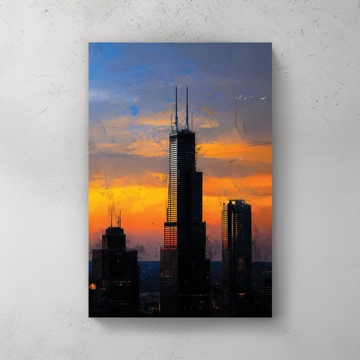 Chicago city skyline sunset wall art with skyscrapers and glowing sky