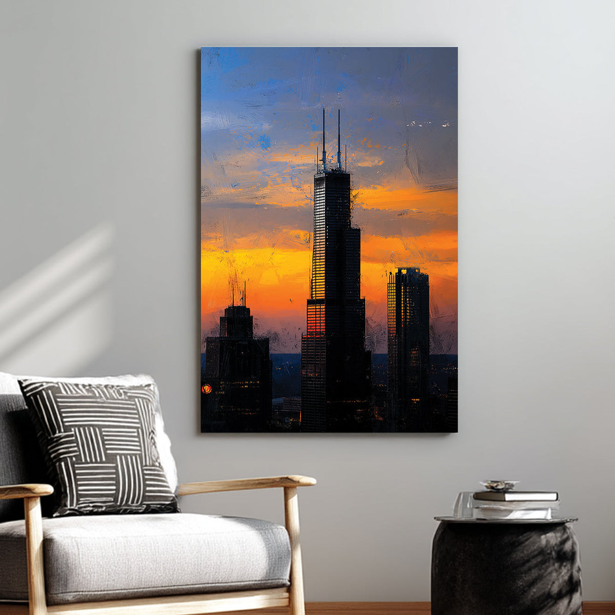 Chicago city skyline sunset wall art with skyscrapers and glowing sky