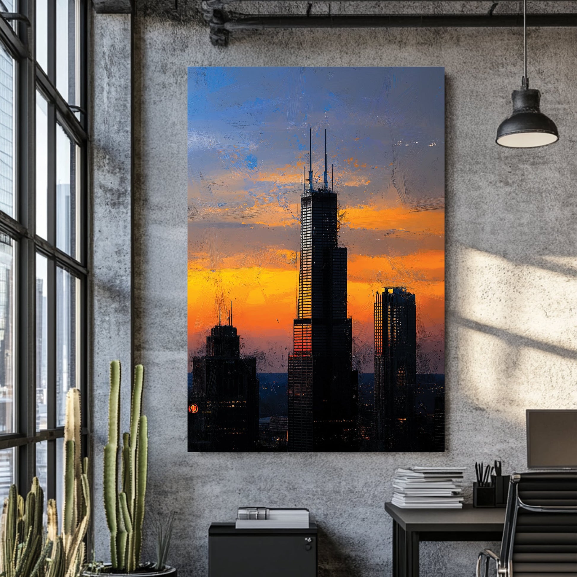 Chicago city skyline sunset wall art with skyscrapers and glowing sky