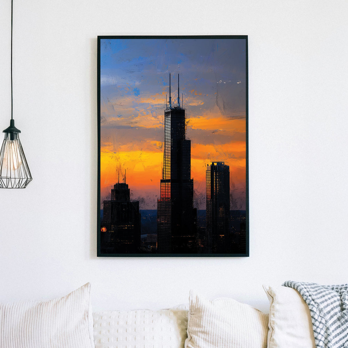 Chicago city skyline sunset wall art with skyscrapers and glowing sky
