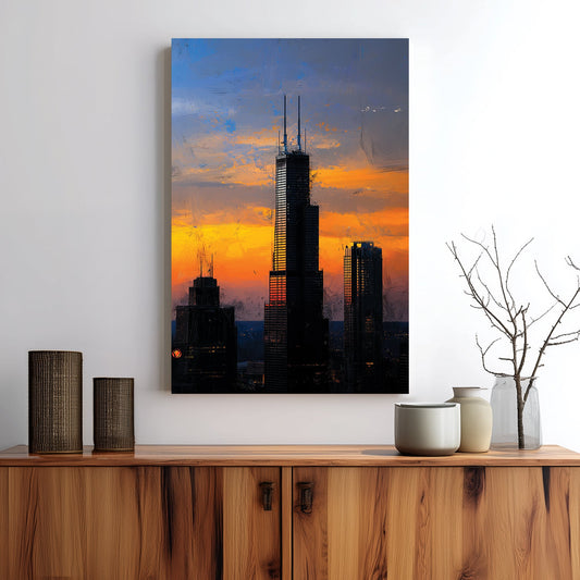 Chicago city skyline sunset wall art with skyscrapers and glowing sky