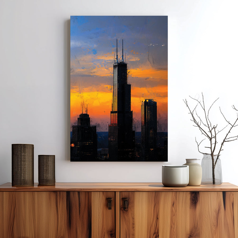 Chicago city skyline sunset wall art with skyscrapers and glowing sky