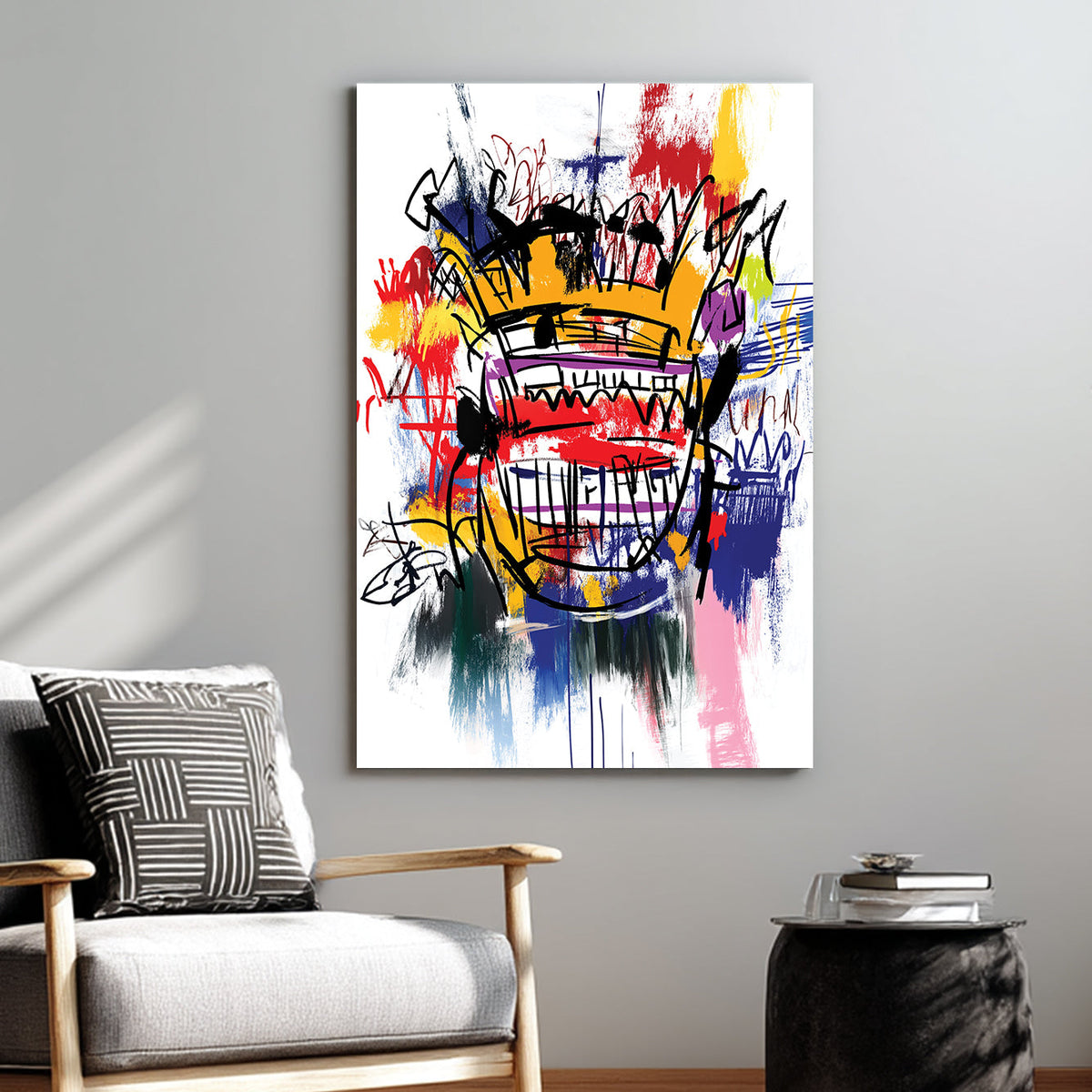 graffiti-style crown abstract wall art with bold colours and sketch lines