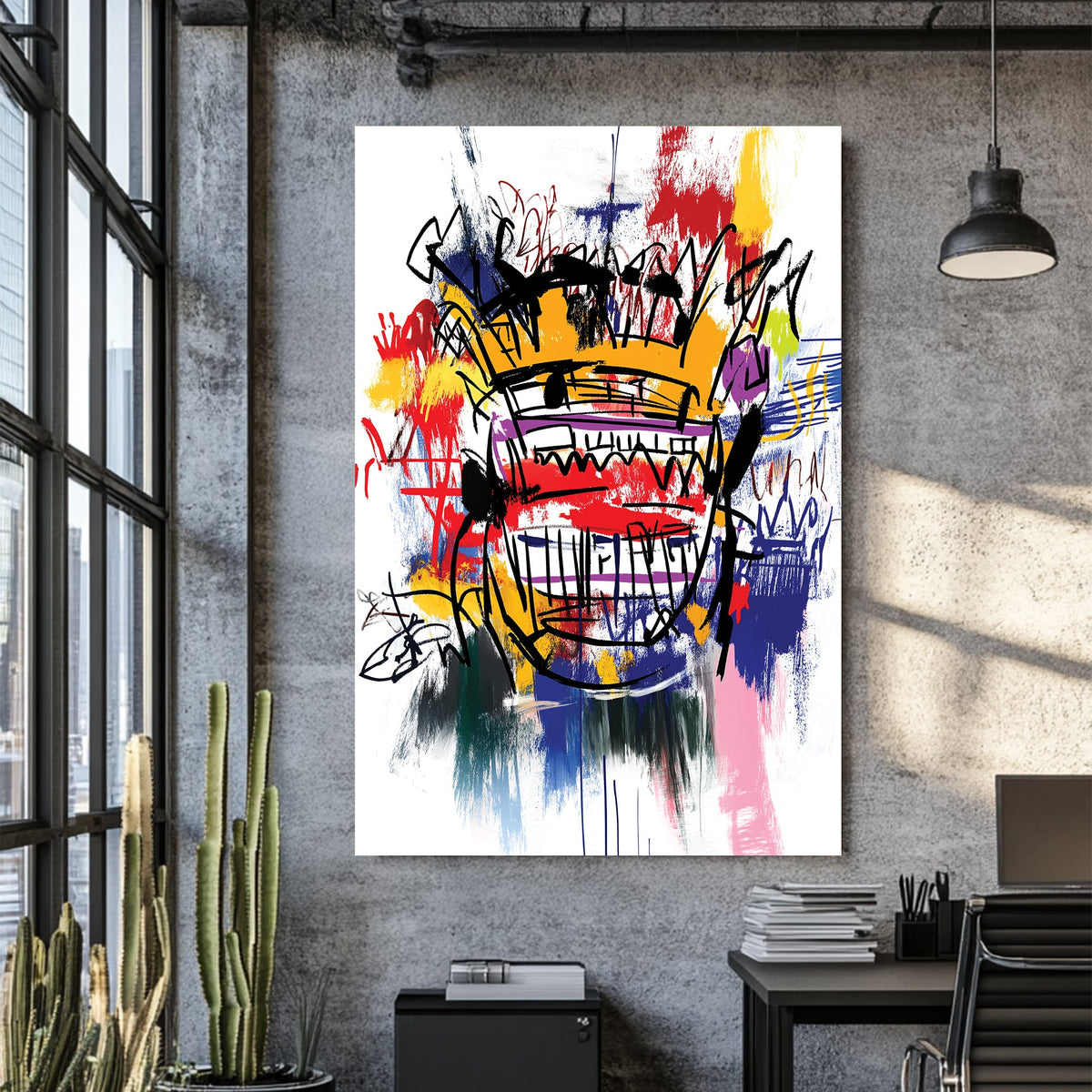 graffiti-style crown abstract wall art with bold colours and sketch lines