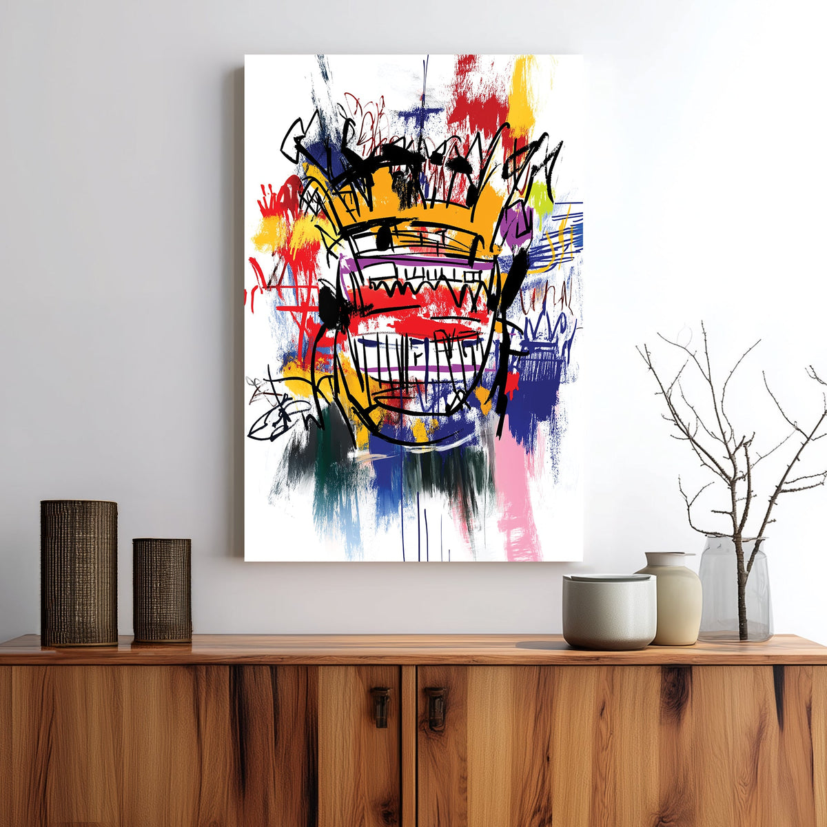 graffiti-style crown abstract wall art with bold colours and sketch lines