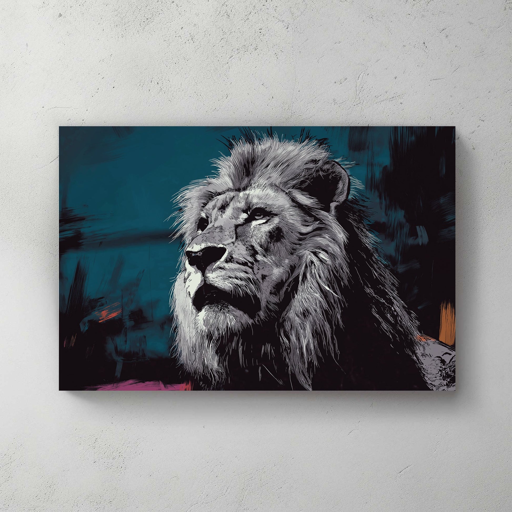 dramatic lion wall art with teal background and sketch-style fur details