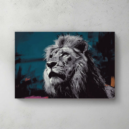 dramatic lion wall art with teal background and sketch-style fur details