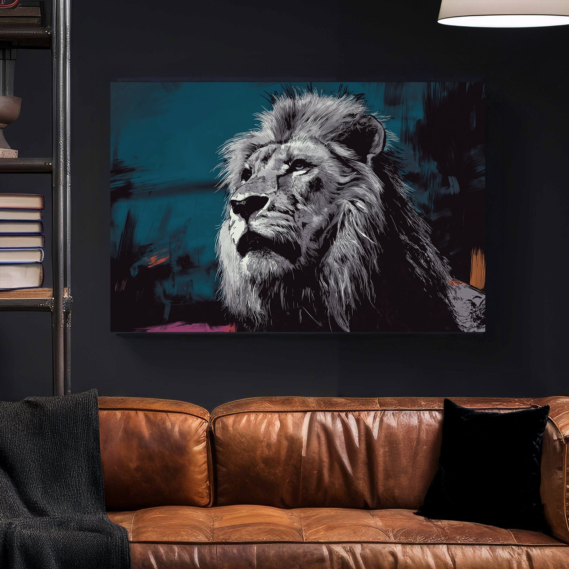 dramatic lion wall art with teal background and sketch-style fur details