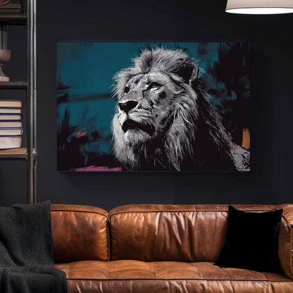 dramatic lion wall art with teal background and sketch-style fur details