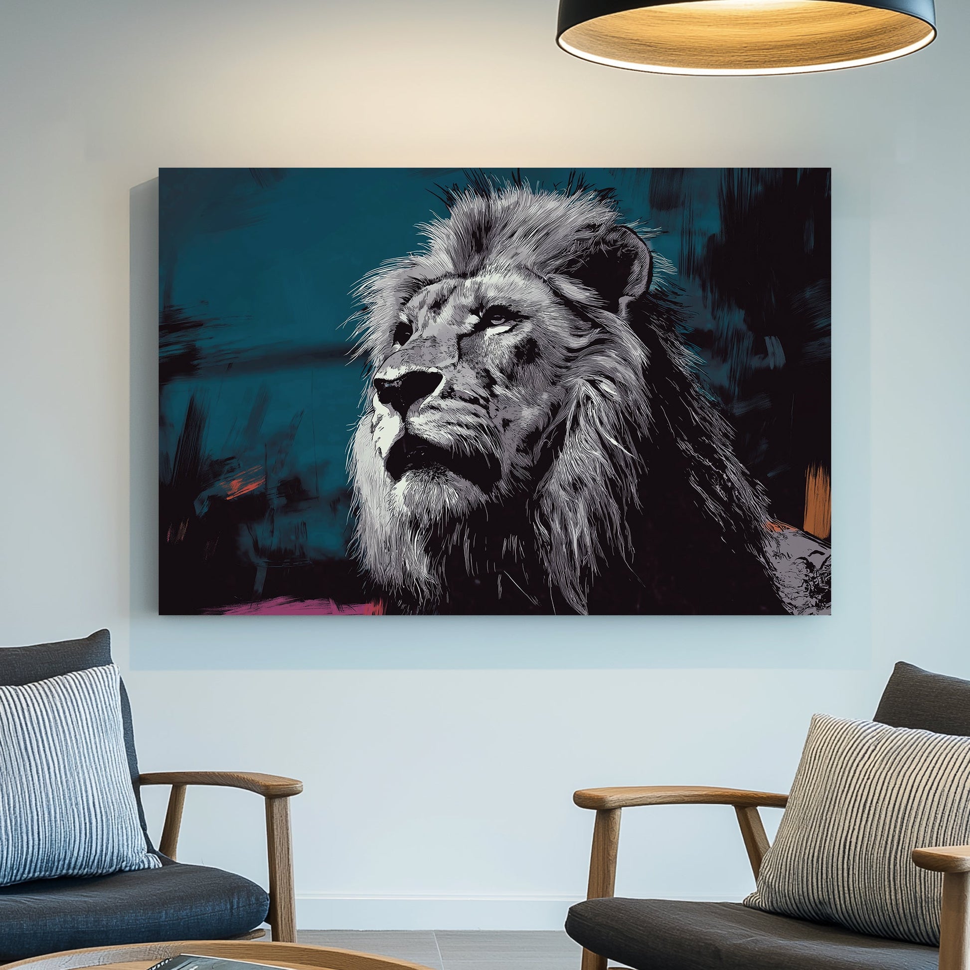 dramatic lion wall art with teal background and sketch-style fur details