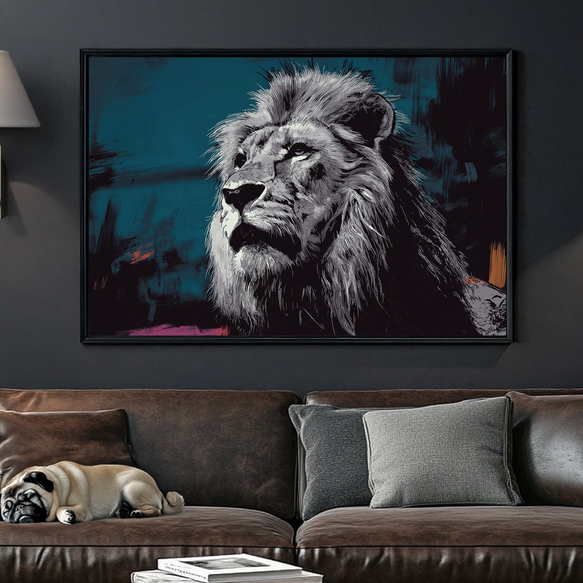 dramatic lion wall art with teal background and sketch-style fur details