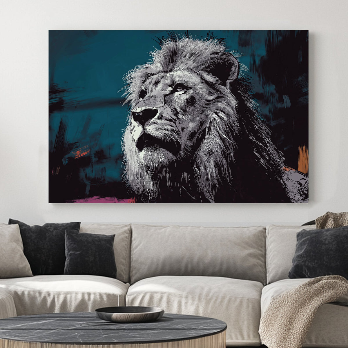 dramatic lion wall art with teal background and sketch-style fur details