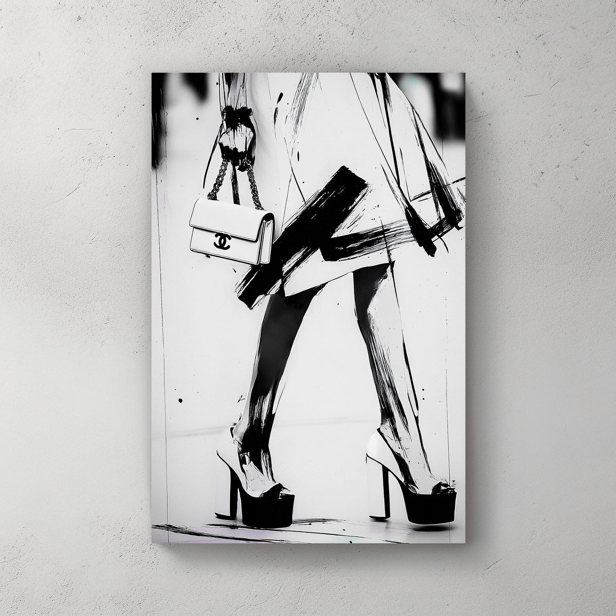 black and white fashion wall art with heels and Chanel purse in brushstroke style