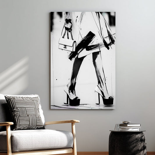 black and white fashion wall art with heels and Chanel purse in brushstroke style
