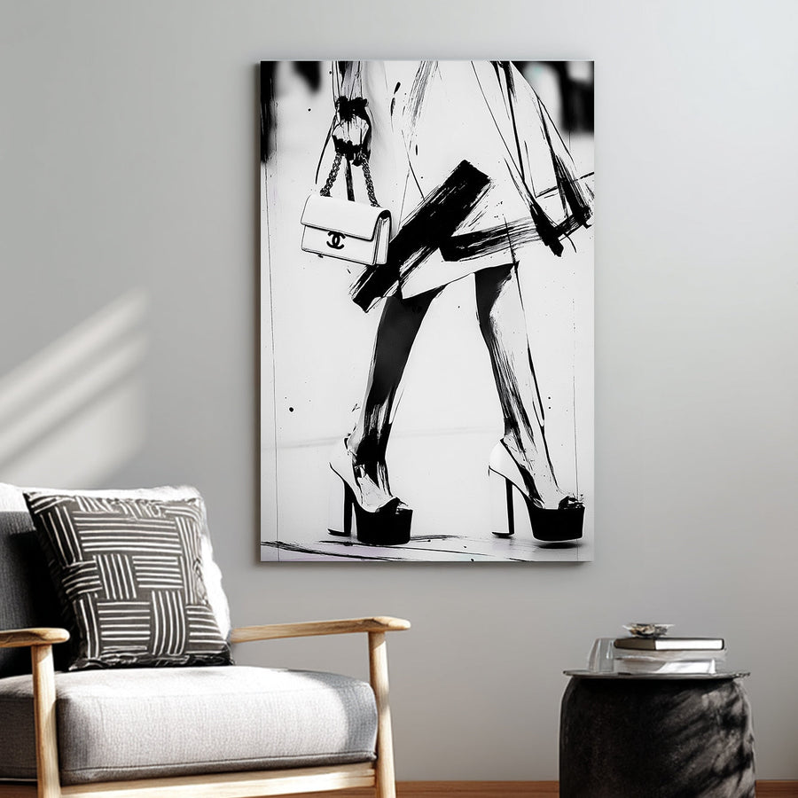 black and white fashion wall art with heels and Chanel purse in brushstroke style