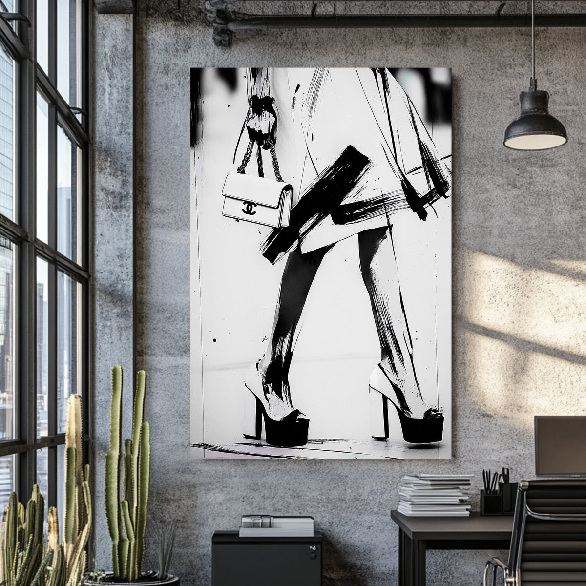 black and white fashion wall art with heels and Chanel purse in brushstroke style