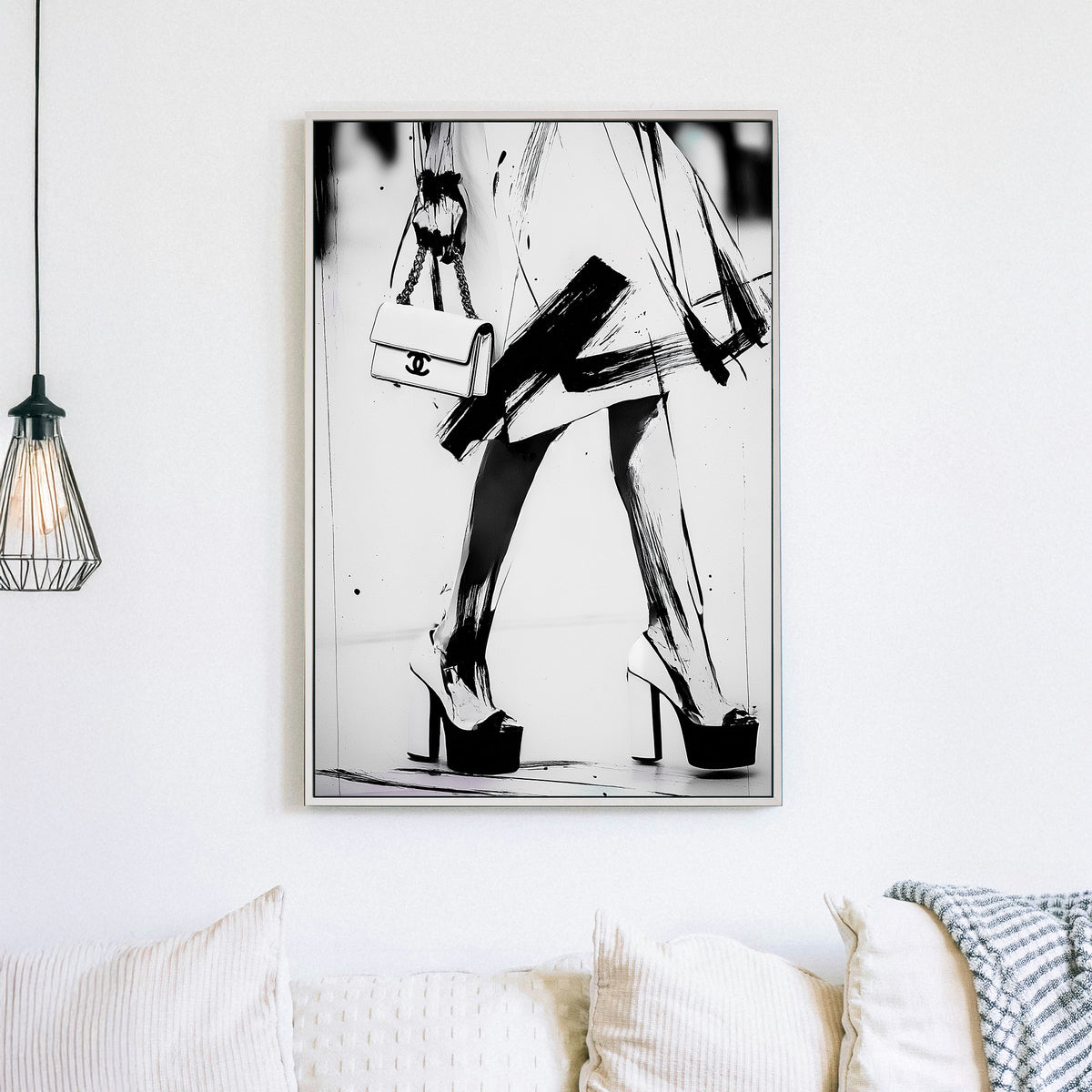 black and white fashion wall art with heels and Chanel purse in brushstroke style