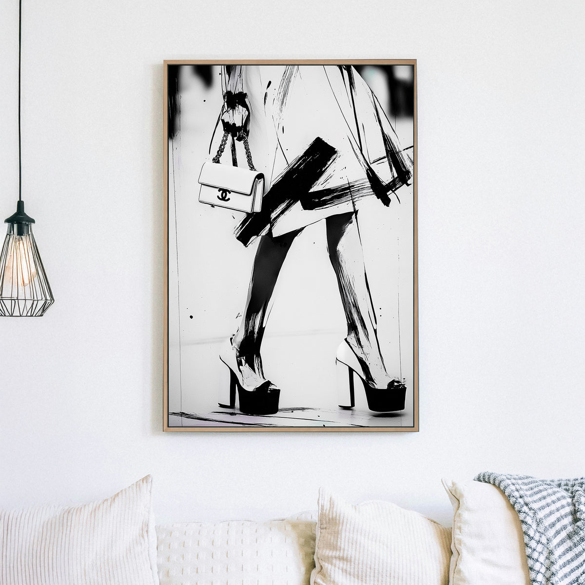 black and white fashion wall art with heels and Chanel purse in brushstroke style