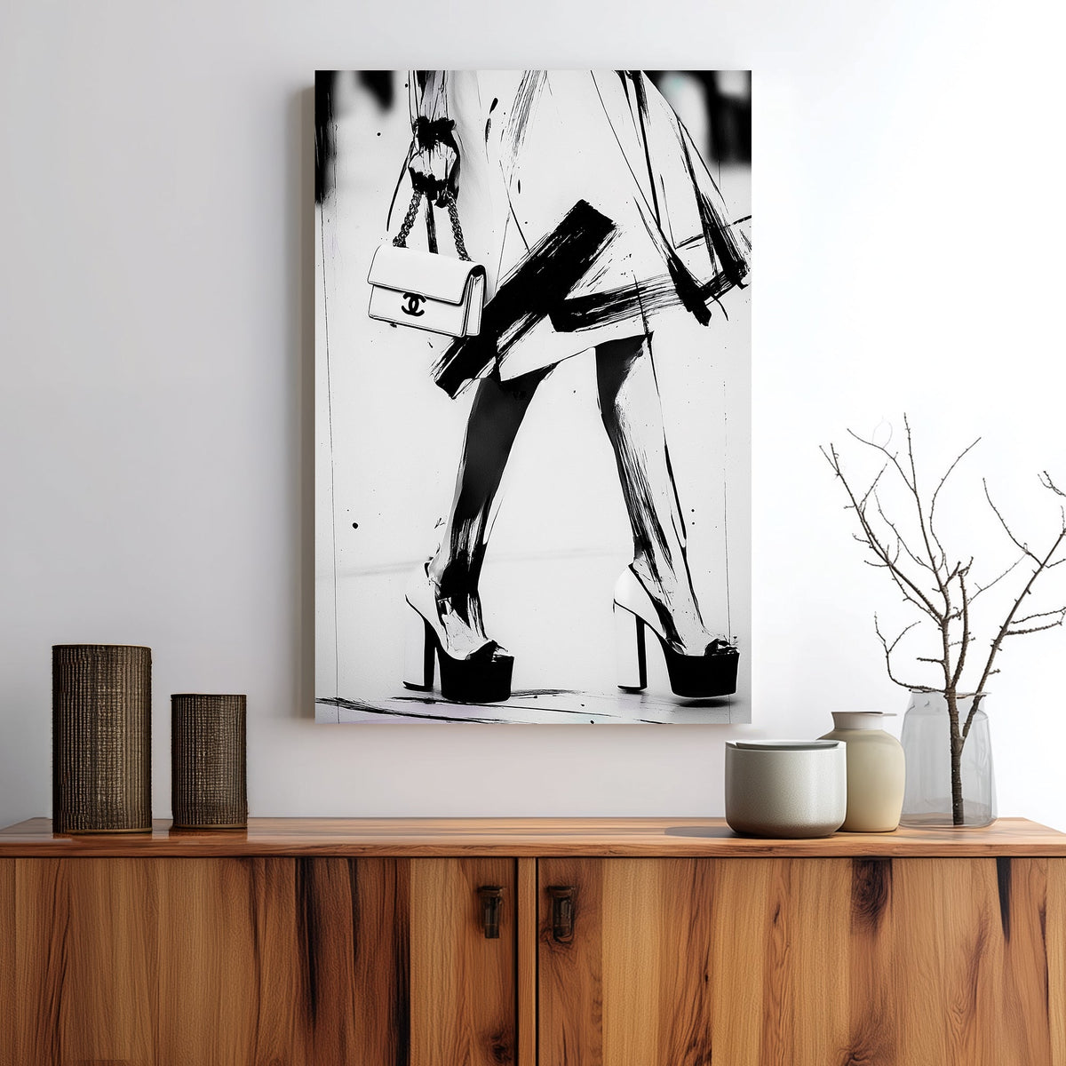 black and white fashion wall art with heels and Chanel purse in brushstroke style