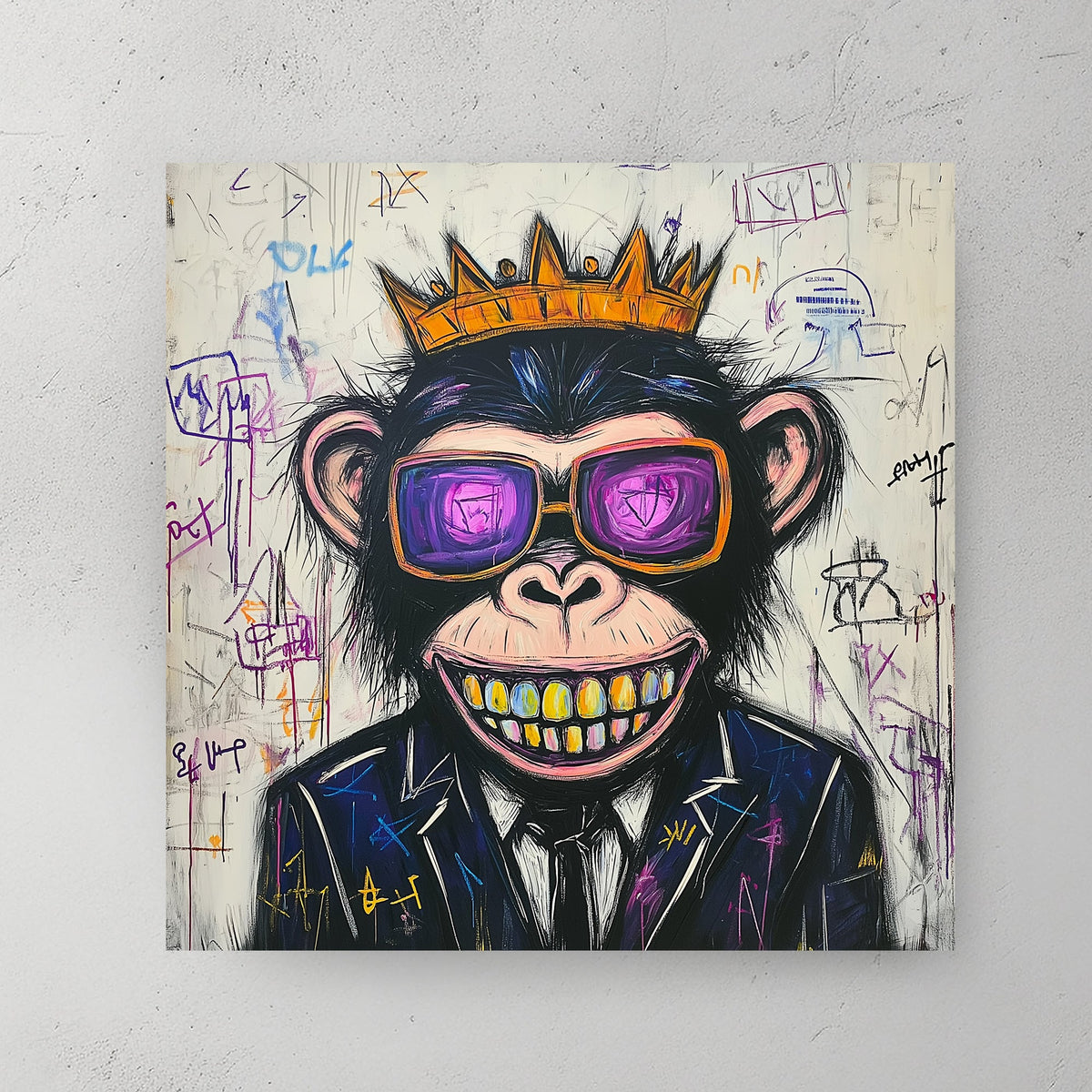 graffiti style monkey wall art with crown, sunglasses, and gold teeth