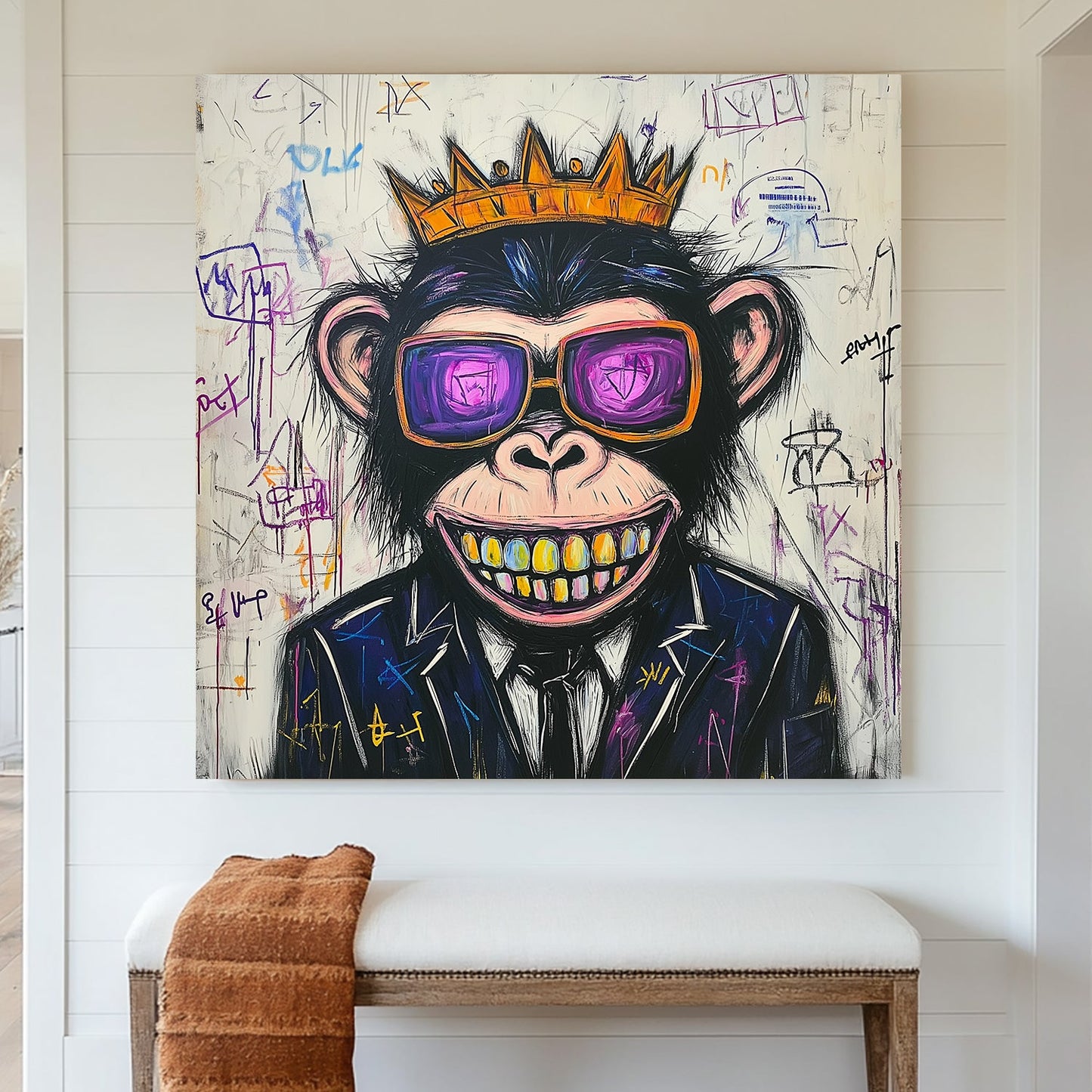 graffiti style monkey wall art with crown, sunglasses, and gold teeth