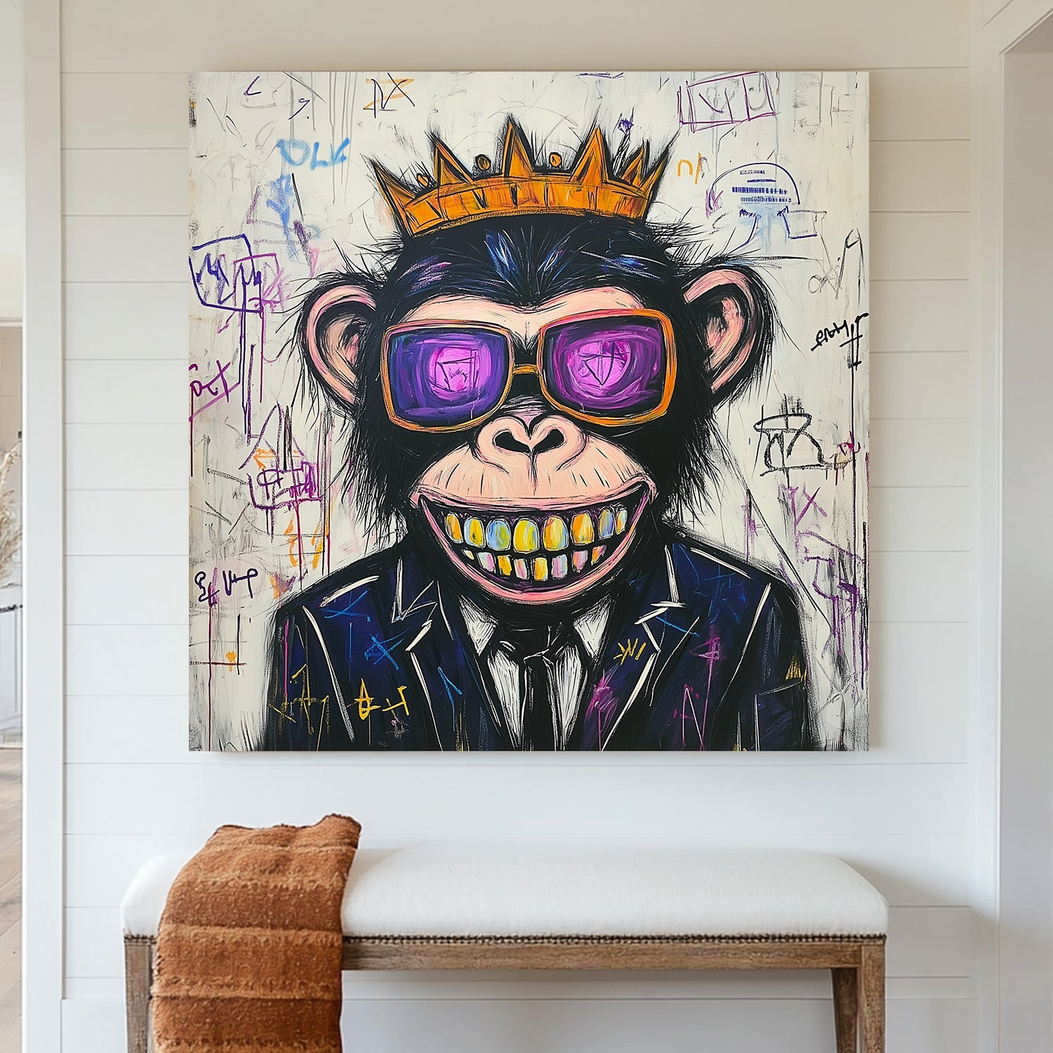 graffiti style monkey wall art with crown, sunglasses, and gold teeth