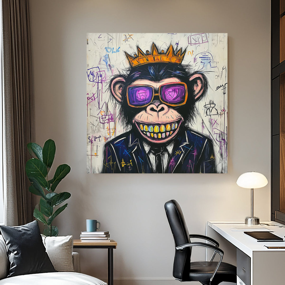 graffiti style monkey wall art with crown, sunglasses, and gold teeth