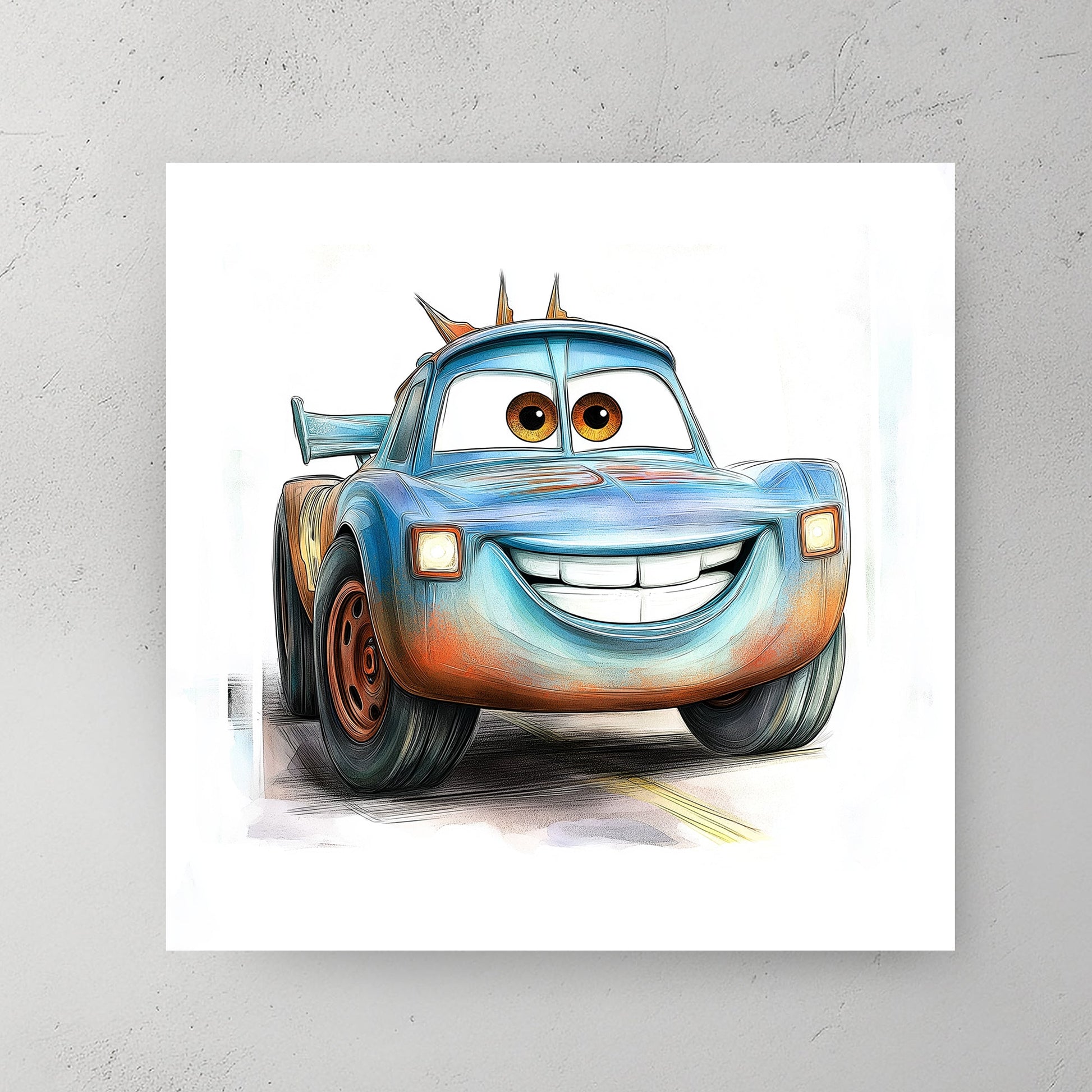 cartoon tow truck wall art with smiling face and expressive eyes