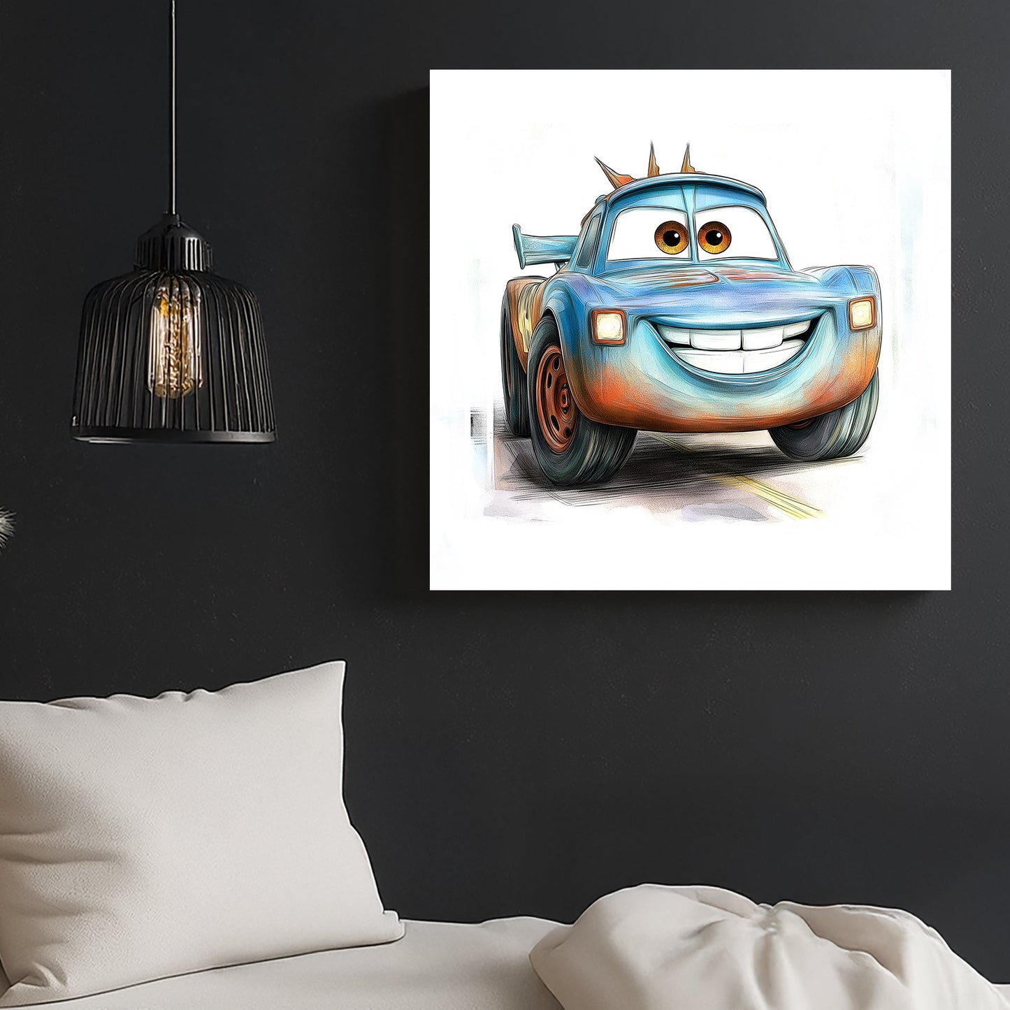cartoon tow truck wall art with smiling face and expressive eyes