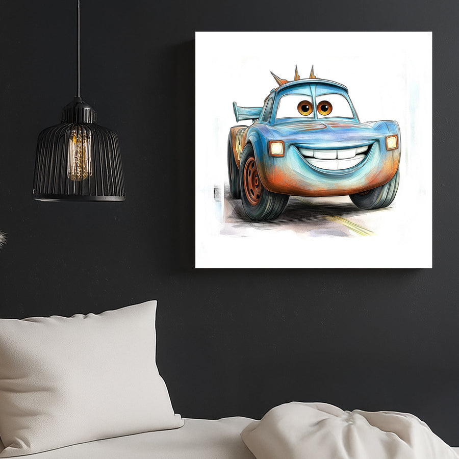 cartoon tow truck wall art with smiling face and expressive eyes