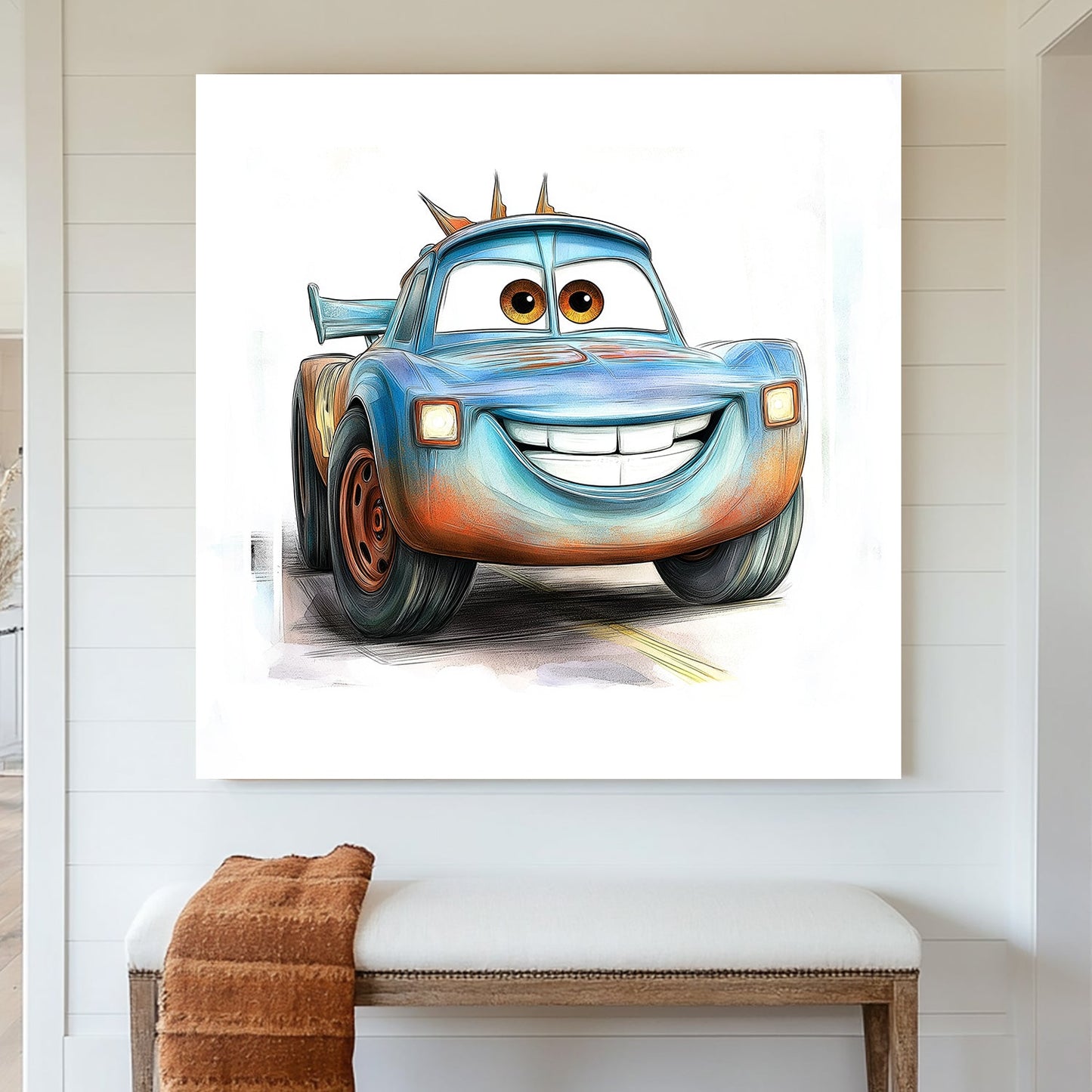 cartoon tow truck wall art with smiling face and expressive eyes
