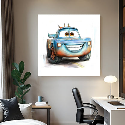 cartoon tow truck wall art with smiling face and expressive eyes